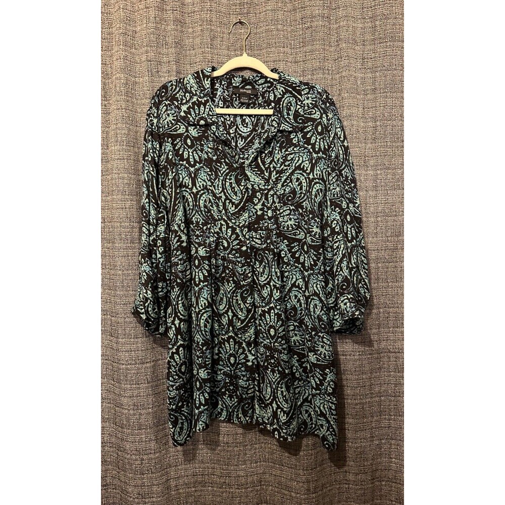 Style & Co Womens Black & Turq. 3/4 Sleeve Button Front Tunic Top 100% Rayon 24W